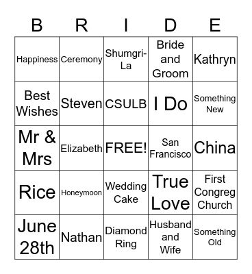 ELIZABETH'S BRIDAL SHOWER Bingo Card