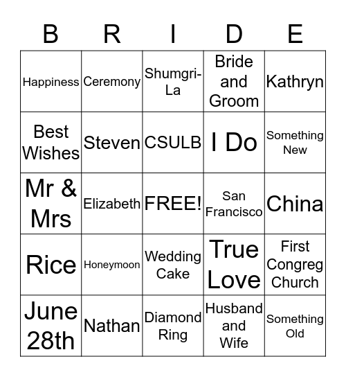 ELIZABETH'S BRIDAL SHOWER Bingo Card