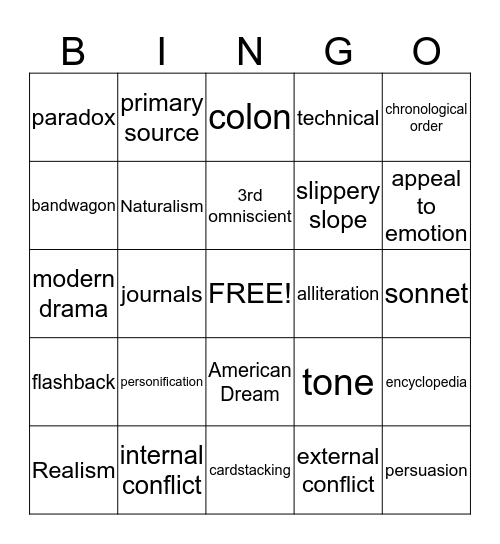 American Literature EOCT Bingo Card