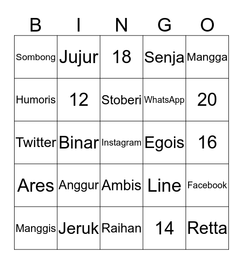 BINAR A. AKSANDIREDJA Bingo Card