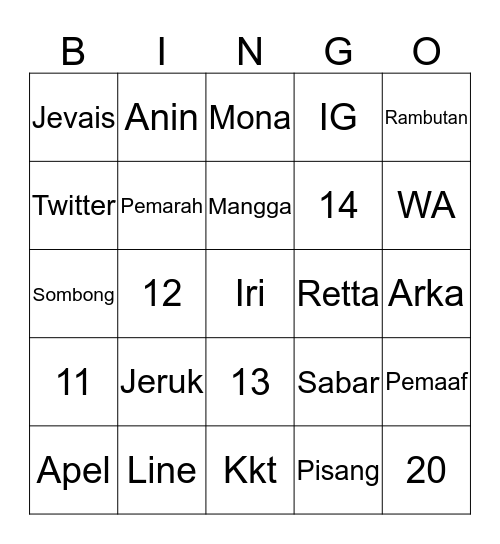 JEVAIS Bingo Card