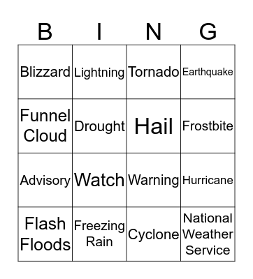 Hazardous Weather Bingo Card