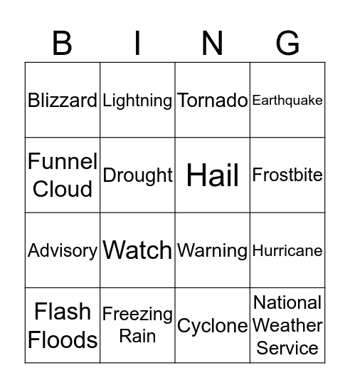 Hazardous Weather Bingo Card