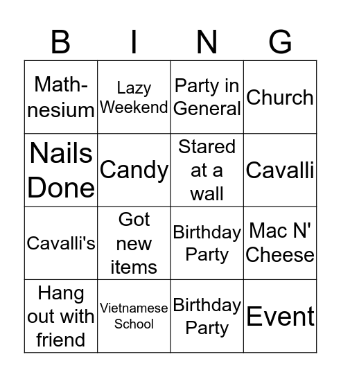 Weekend update bingo Card