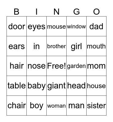 Freddy's World Plus - Family, House, Body Bingo Card