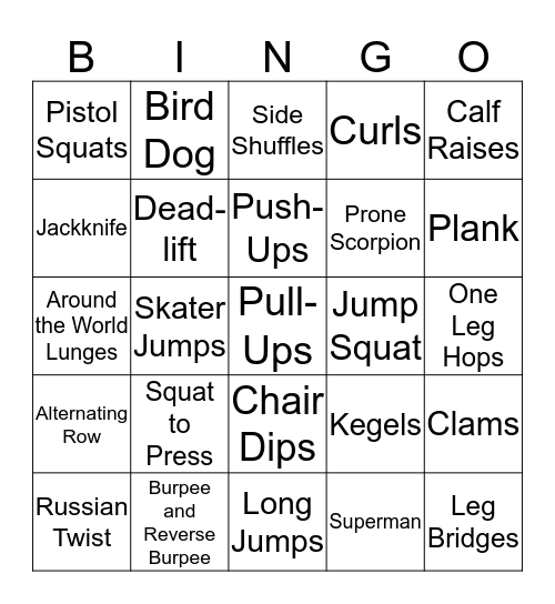 Fitness Bingo Card