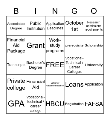 Quincy Teen REACH College Day BINGO Card