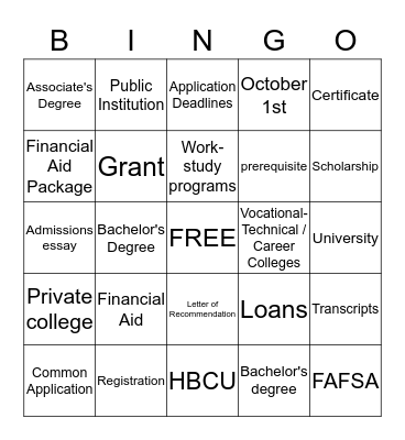 Quincy Teen REACH College Day BINGO Card