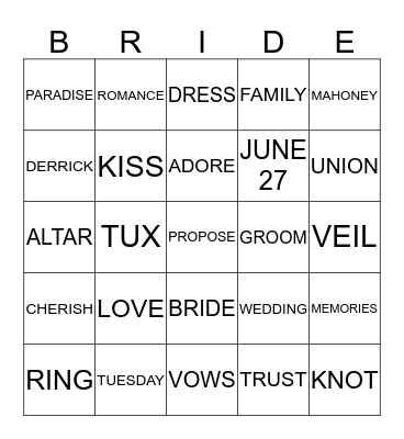 TUESDAY BRIDAL BINGO Card