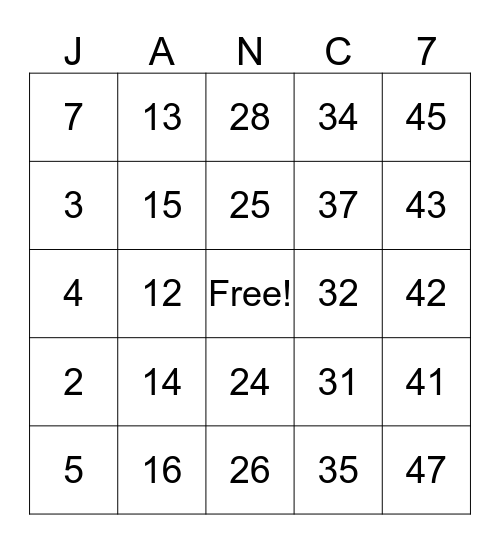 Jann’s 7th Birthday  Bingo Card