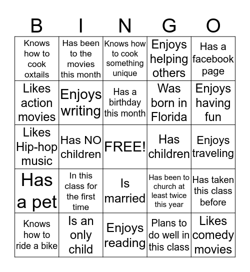 Adult Ed. Language Arts, Let's Meet! Bingo Card