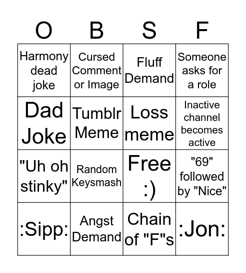 OBSF:TS Bingo Sheet Bingo Card