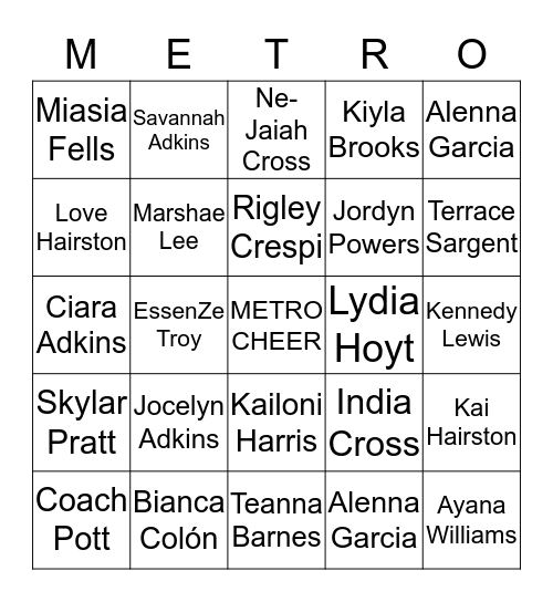 Metro Cheer and Dance Bingo Card