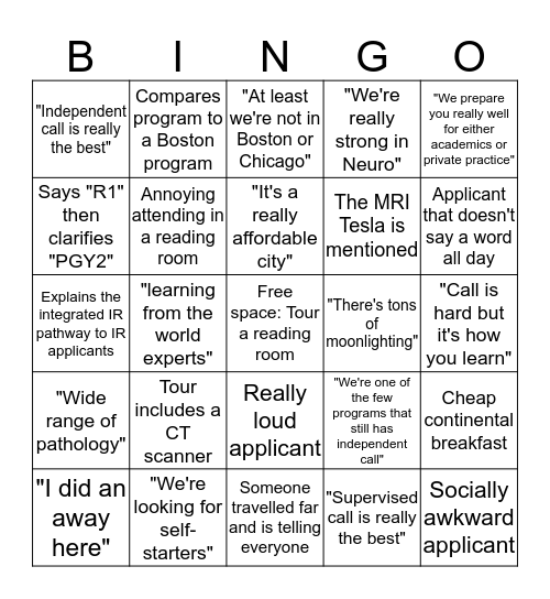 Radiology interview season BINGO Card