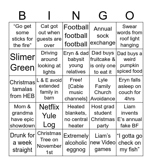 Lyle Family Christmas Bingo Card