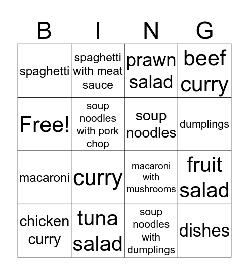 food Bingo Card
