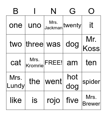 WORD BINGO Card