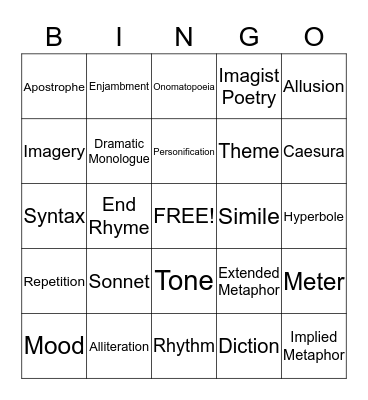 Poetry Term Review  Bingo Card