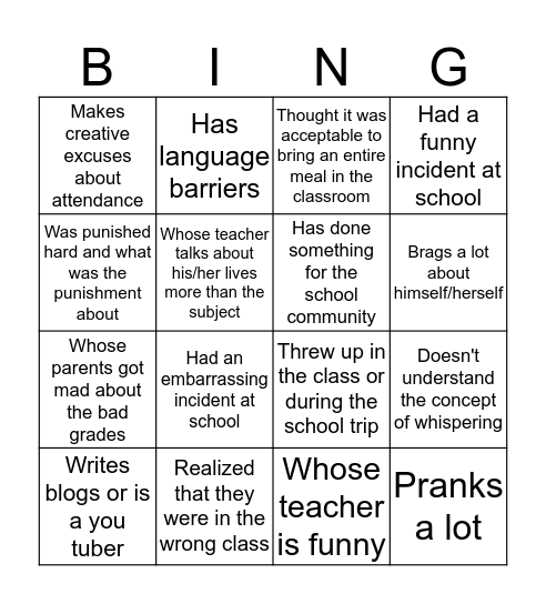 School Bingo Card