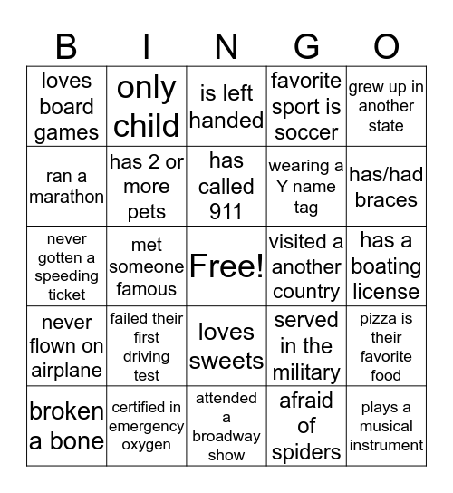 YMCA Bingo Card