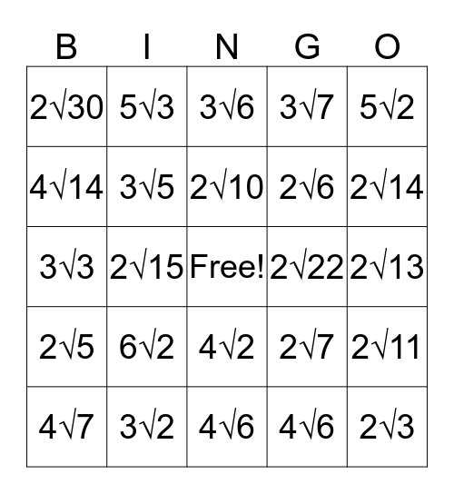 Radicals Bingo Card