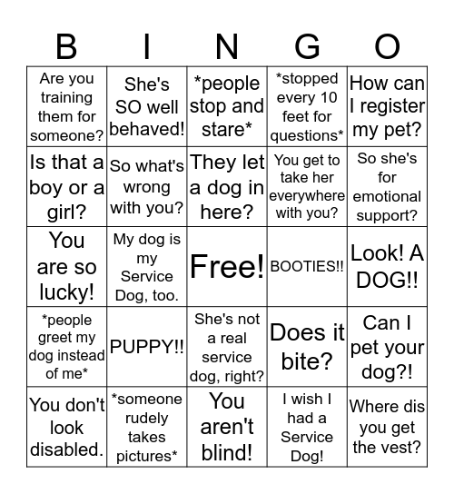 Service Dog Bingo Card