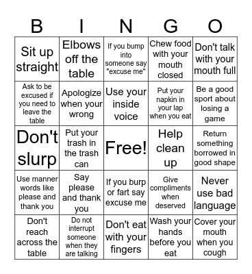 Manners Bingo Card
