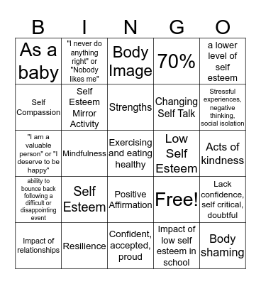 Self Esteem Bingo Card