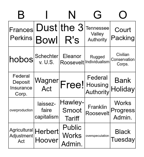 Great Depression BINGO Review Bingo Card