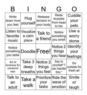 Coping Skills Bingo Card