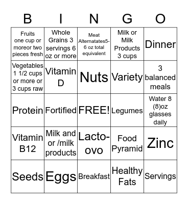 Lacto-ovo Vegetarian Bingo Card