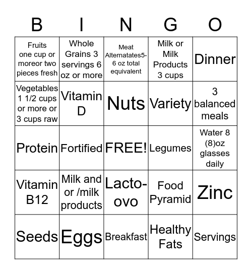 Lacto-ovo Vegetarian Bingo Card