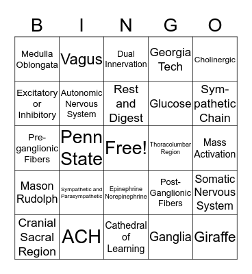 Autonomic Nervous System Bingo Card
