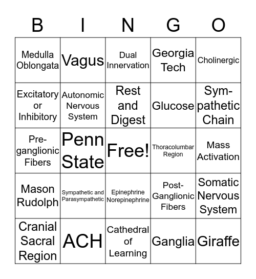 Autonomic Nervous System Bingo Card