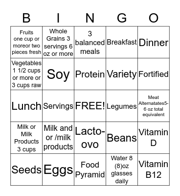 Lacto-ovo Vegetarian Bingo Card