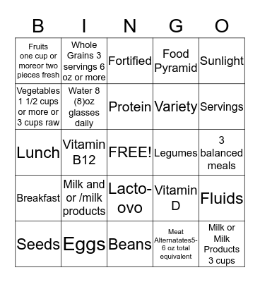 Lacto-ovo Vegetarian Bingo Card