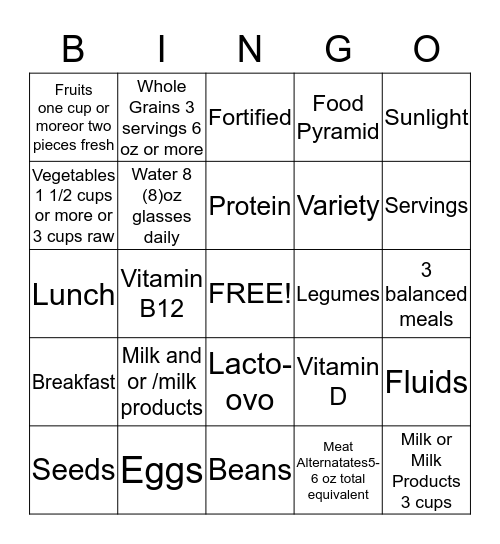 Lacto-ovo Vegetarian Bingo Card