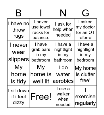 Fall Prevention Bingo Card