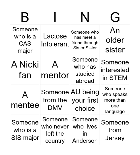 Sister Sister Bingo Card