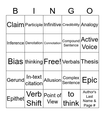 November Grammar Review Bingo Card