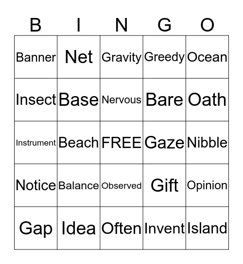 Vocabulary Bingo Card