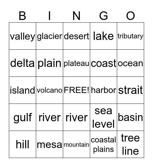 Geographic Terms Bingo Card
