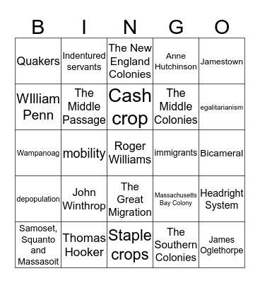 The American Colonies Bingo Card