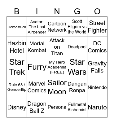 Cosplay Bingo Card