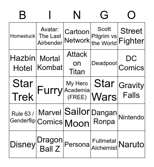 Cosplay Bingo Card