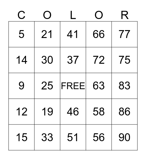 COLOR Bingo Card