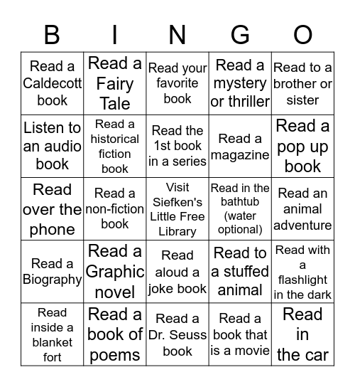 Sieken's Winter Reading Challenge Bingo Card