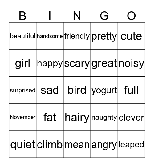 Adjectives, Phonics, and Vocabulary Bingo Card