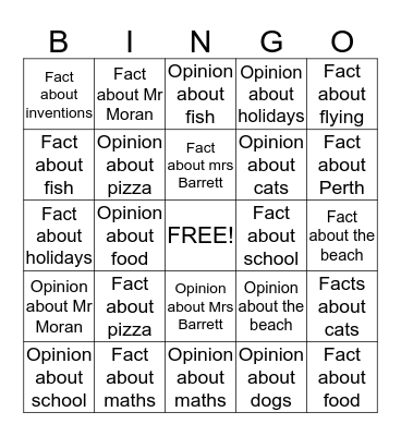 Fact vs. Opinion Bingo Card