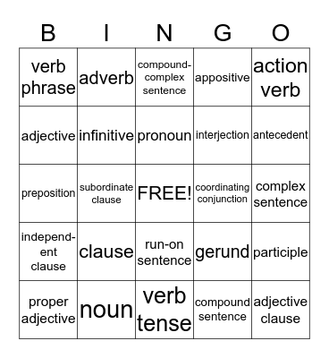 Language Terms Bingo Card